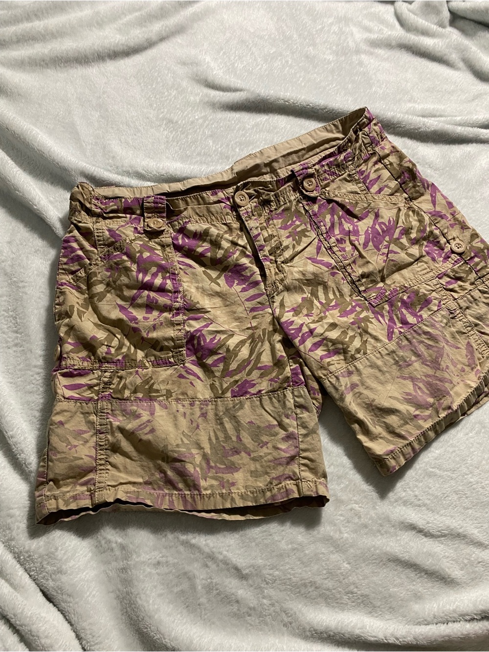 Old Navy Tan Cargo Shorts with Purple Leaf Print